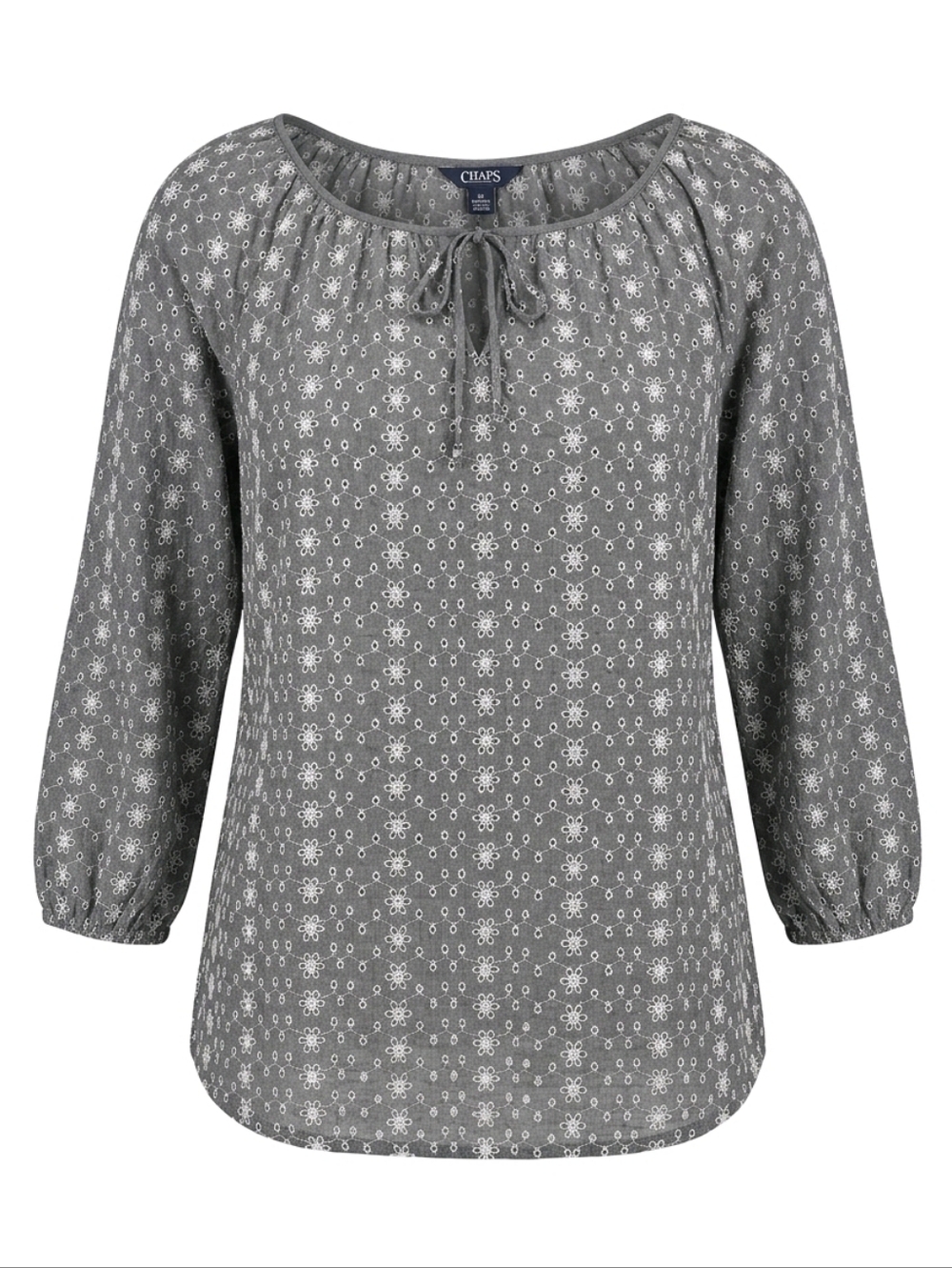 Chaps Gray Floral Tie-Neck Peasant Blouse